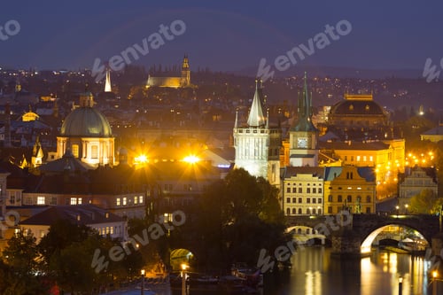 Preview: Night Prague City With Its Cathedrals, Towers And Bridges, Czech Republic