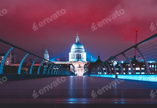 Preview: Millennium Bridge At Night With St Pauls At The End With Colorful Red Night Sky