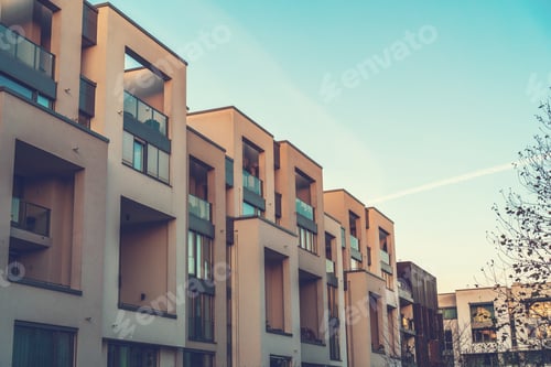 Preview: Modern Townhouses With Orange And Warm Facade At Autumn Afternoon At Prenzlauer Berg, Berlin