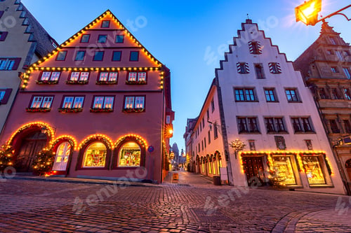 Preview: Old Traditional Medieval Street In Night Illumination. Rothenburg Ob Der Tauber. Bavaria Germany.