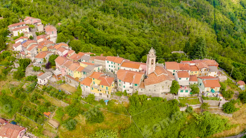 Preview: Carrodano Superiore, Italy. Province Of La Spezia. Mountain Wooded Landscape. View From Above