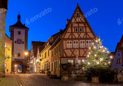 Preview: Old Traditional Medieval Street In Night Illumination. Rothenburg Ob Der Tauber. Bavaria Germany.