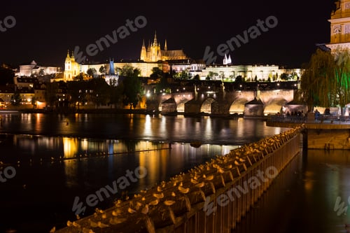 Preview: Prague Gothic Castle With The Lesser Town And Charles Bridge Above River Vltava In The Night, Czech