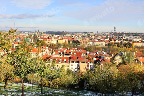 Preview: Romantic Snowy Colorful Autumn View On Prague City, Czech Republic