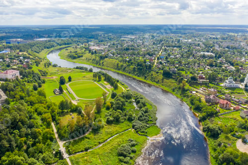Preview: Rzhev, Russia. City Center Panorama. Aerial View Of The Volga And The Embankment
