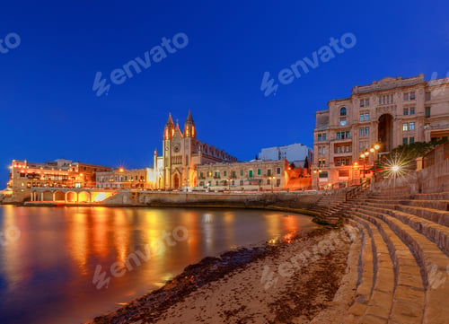Preview: Malta. Our Lady Of Mount Carmel Church At Night.