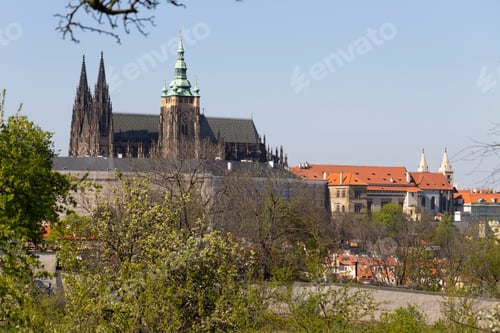Vista previa: Spring Prague City With Gothic Castle And The Green Nature And Flowering Trees From The Hill
