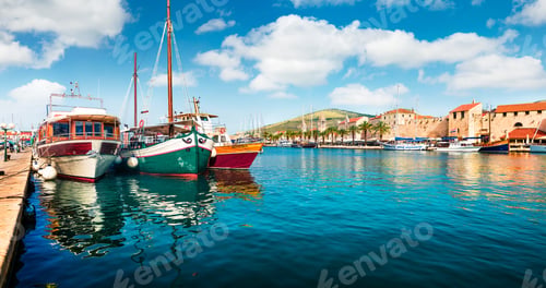 Preview: Panoramic Summer Cityscape Of Trogir Town. Colorful Morning Seascape Of Adriatic Sea. Beautiful