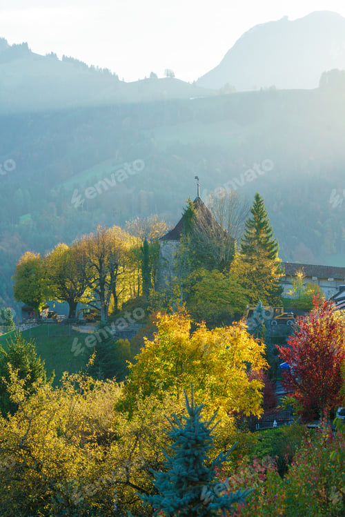 Preview: Landscape With A Castle In The Misty Rays Of The Setting Sun And Autumn Forest, Gruyeres