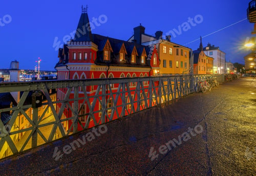 Preview: Old Medieval Traditional Street In The Night Illumination. Stockholm. Sweden.