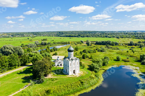 Preview: Russia, Bogolyubovo. Aerial View Of Church Of The Intercession On The Nerl. Orthodox Church And A