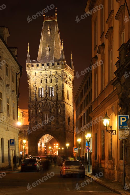 Preview: Prague Powder Tower In The Night, Czech Republic