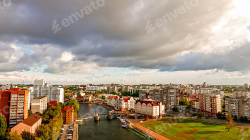 Preview: Cloudy Weather In Kaliningrad. River Pregolya, Embankment Of The Fish Village And The Jubilee
