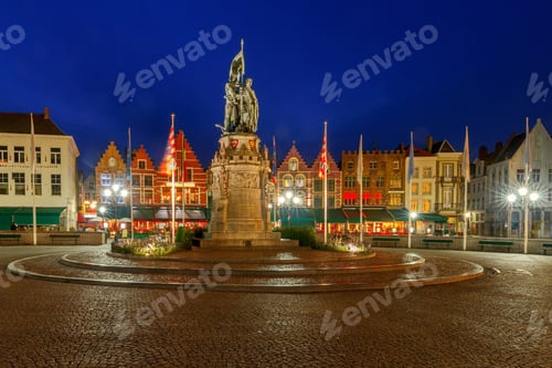 Preview: Brugge. Market Square At Sunset.