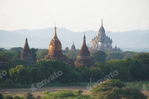 Preview: Tops Of Ancient Buddhist Temples In An Evening Haze. Bagan, Myanmar
