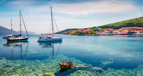 Preview: Stunning Morning View Of Fiskardo Port. Splendid Spring Seascape Of Ionian Sea. Colorful Morning