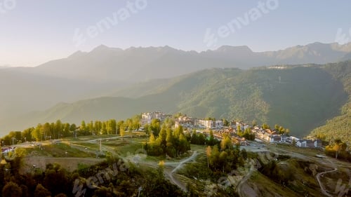 Preview: Rosa Khutor Plateau, Buildings, Slopes And Chair Lifts. Aerial View At Sunset