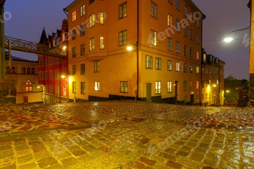 Preview: Old Medieval Traditional Street In The Night Illumination. Stockholm. Sweden.