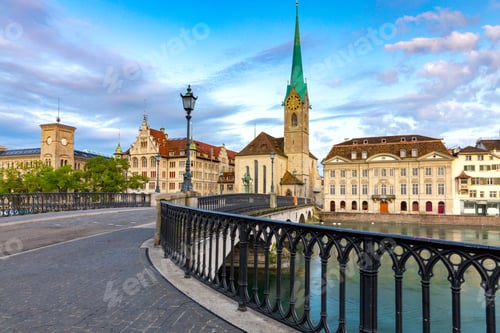 Preview: View Of The Facades Of Old Medieval Houses On The City Promenade At Dawn. Zurich. Switzerland.