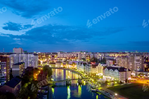 Preview: Night. Central Part Of The City Of Kaliningrad, Embankment Of The Fish Village, Jubilee Bridge