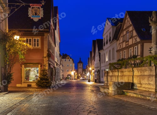 Preview: Old Traditional Medieval Street In Night Illumination. Rothenburg Ob Der Tauber. Bavaria Germany.