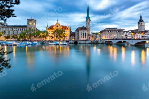 Preview: View Of The Facades Of Old Medieval Houses On The City Promenade At Dawn. Zurich. Switzerland.