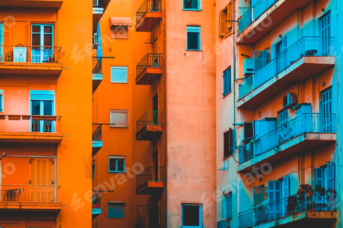 Preview: Beautiful Rural Facade Of Industrial Apartment Complex With High Contrasted Orange And Blue Colors