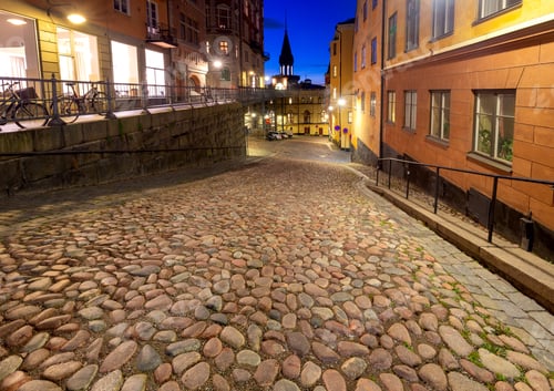 Preview: Old Medieval Traditional Street In The Night Illumination. Stockholm. Sweden.