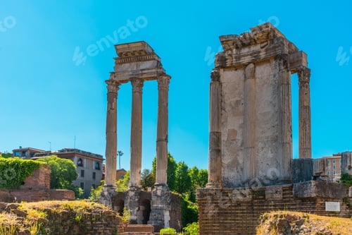Preview: Roman Forum In Rome, Italy With The Temple Of Vesta And Temple Of Castor And Pollux Against A Blue