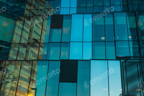 Preview: Close Up On Green Colored And Highly Reflective Luxury Condo Windows At Early Evening Or Morning