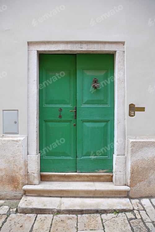 Preview: Closed Green Door At Stone House Exterior