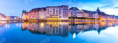 Preview: Lucerne. Panorama. Old City Embankment And Medieval Houses At Dawn.