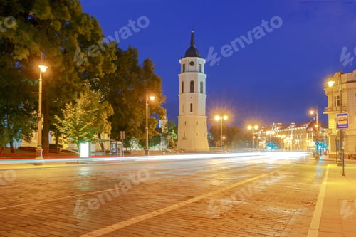 Preview: Cathedral Of St. Stanislaus And The Bell Tower In The Center Of Vilnius At Night.