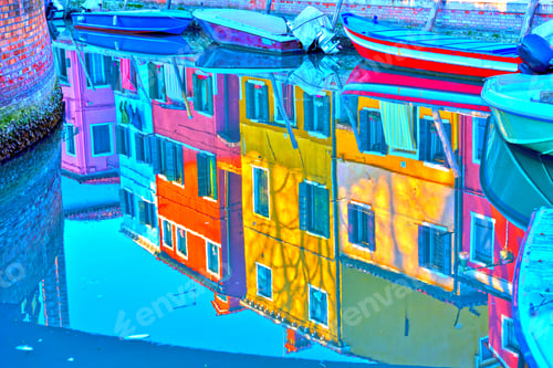 Preview: Reflections Of Houses On The Water In A Canal In Burano, Italy
