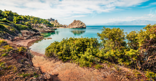 Preview: Bright Spring View Of Cozy Beach In Northeastern Corinthia, Greece. Sunny Outdoor Scene Of Greek