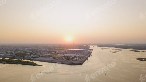 Preview: General View From The Air To Nizhny Novgorod During Sunset. Nizhny Novogorod Stadium In Backlight