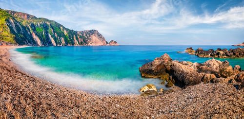 Preview: Panoramic Spring View Of Famous Petani Beach. Splendid Morning Scene Of Cephalonia Island, Greece