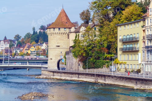 Preview: Tower (Nolliturm) Near Reuss River Part Of City Wall (Museggmauer), Lucerne, Switzerland