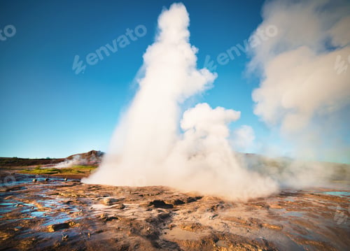 Preview: Erupting Of The Great Geysir Lies In Haukadalur Valley On The Slopes Of Laugarfjall Hill. Erlie
