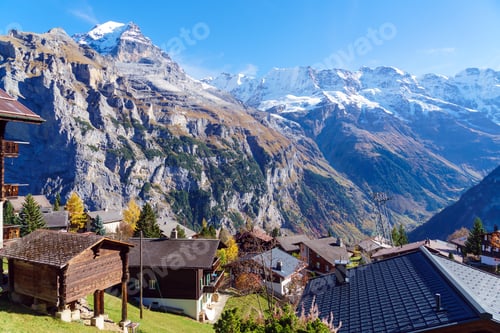 Preview: Traditional Chalets Of Murren Village And Jungfrau Montain At Autumn, Berner Oberland, Switzerland