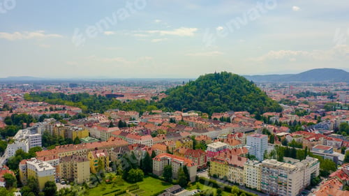 Preview: Graz, Austria. The Historic City Center Aerial View. Mount Schlossberg (Castle Hill), Aerial View