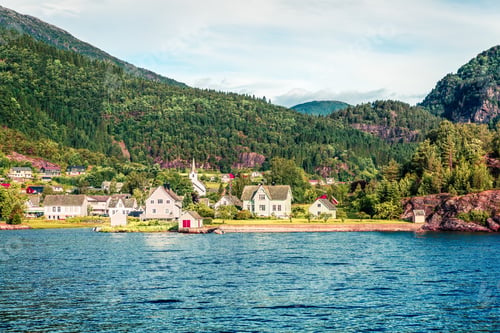 Preview: Sunny Summer View Of Typical Norwegian Village On The Shore Of Fjord. Beautiful Morning Scene Of