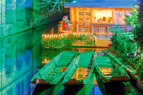 Preview: Old Houses On The Canal Decorated For Christmas. Colmar. France. Alsace.