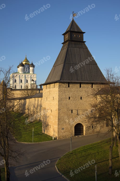 Preview: Vlasievskaya Tower And Holy Trinity Cathedral. Pskov Kremlin, Russia