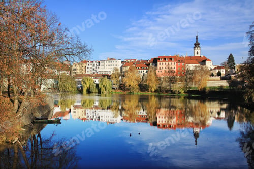 Preview: Colorful Autumn Medieval Town Pisek Above The River Otava With The Gothic Deanery Church, Czech
