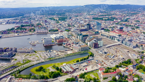 Preview: Oslo, Norway. City Center From The Air. Embankment Oslo Fjord. Oslo Opera House, From Drone