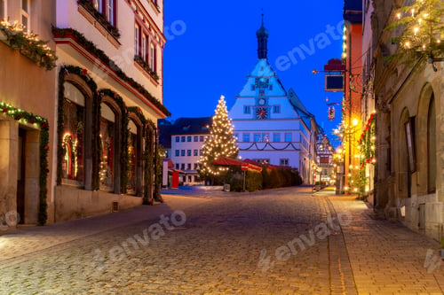 Preview: Old Traditional Medieval Street In Night Illumination. Rothenburg Ob Der Tauber. Bavaria Germany.