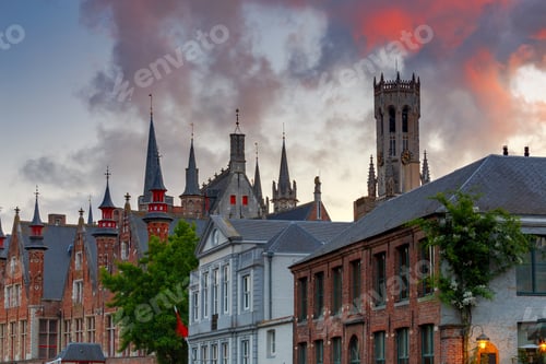Preview: Brugge. The Tower Belfort On The Sunset.