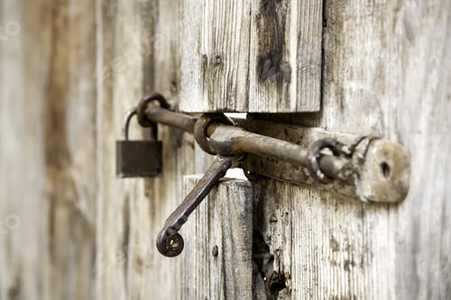 Preview: Old Abandoned Wooden Door, Security Detail And Ruin
