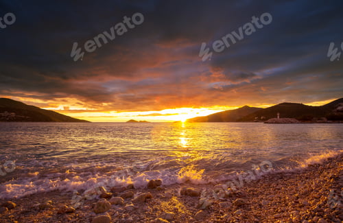 Preview: Scenic Colorful Sunset At The Sea Coast. Good For Wallpaper Or Background Image. Beautiful Nature